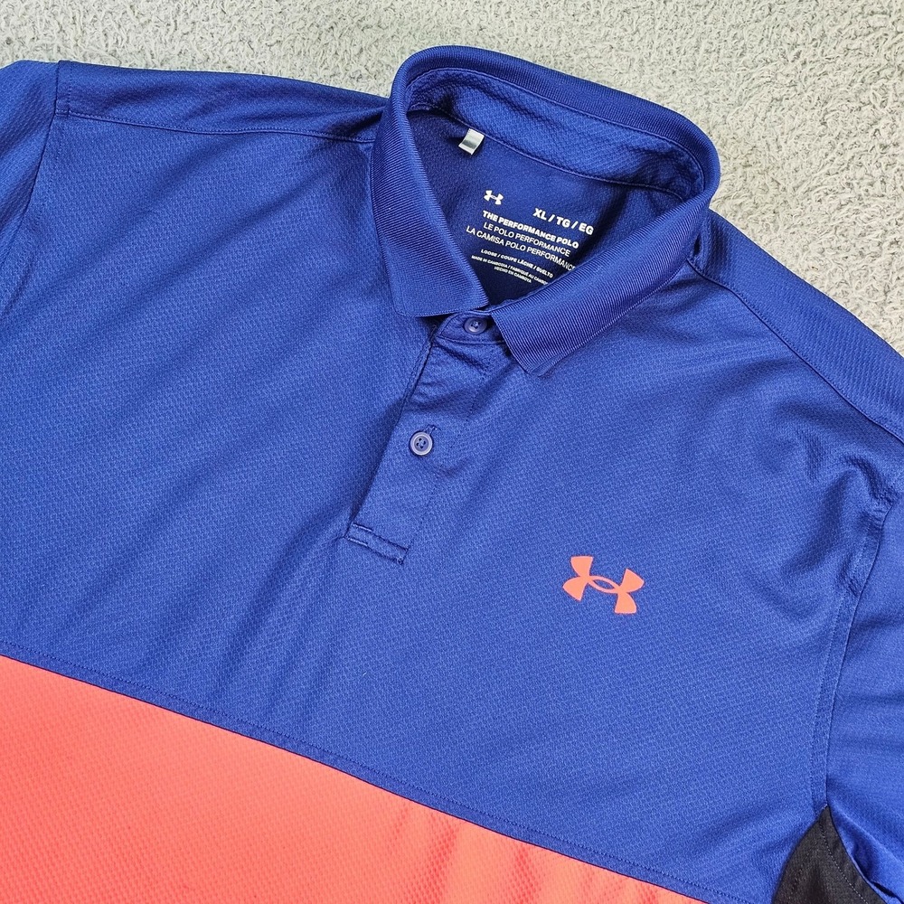 Under Armour The Performance Polo Shirt Mens XL Blue Red Colorblock Golf 1370109